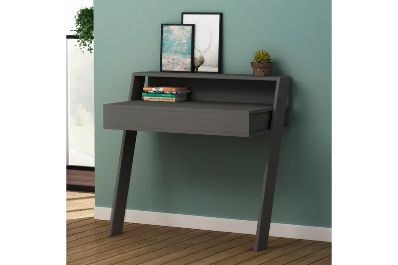 Skoved Skrivebord 94 cm med Opbevaring Skuffe + Hylde - Grå - Møbler - Borde - Kontorbord - Skrivebord