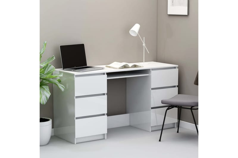 Skrivebord 140x50x77 cm Spånplade Højglans Hvid - Hvid - Skrivebord