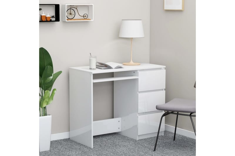 Skrivebord 90x45x76 cm Spånplade Højglans Hvid - Hvid - Møbler - Borde - Kontorbord - Skrivebord