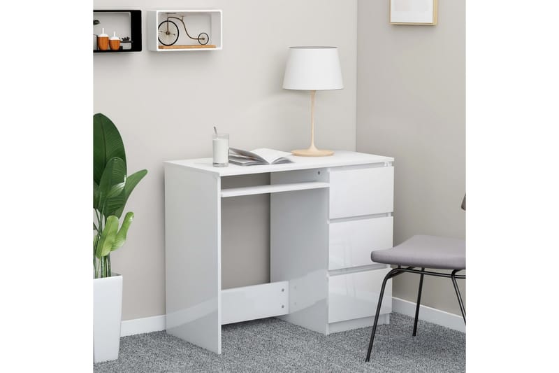 Skrivebord 90x45x76 cm Spånplade Højglans Hvid - Hvid - Skrivebord