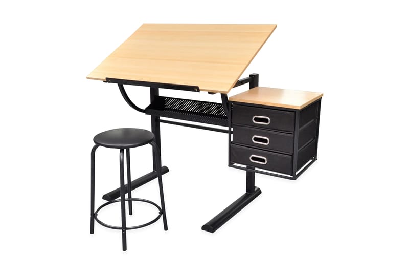 Tegnebord Med Skammel Og Tre Skuffer Vipbar Bordplade - Brun - Møbler - Borde - Kontorbord - Skrivebord