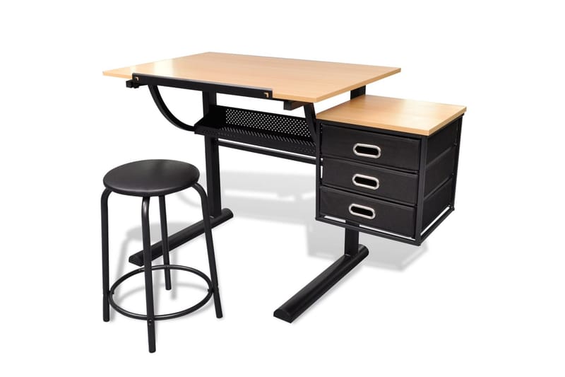 Tegnebord Med Skammel Og Tre Skuffer Vipbar Bordplade - Brun - Møbler - Borde - Kontorbord - Skrivebord