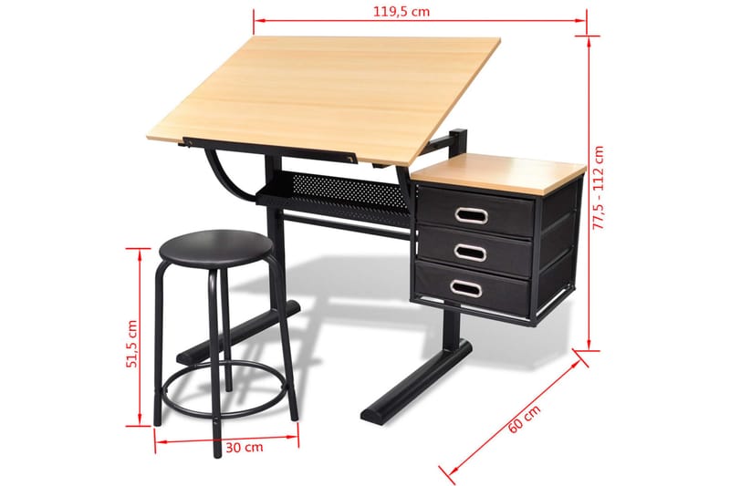 Tegnebord Med Skammel Og Tre Skuffer Vipbar Bordplade - Brun - Møbler - Borde - Kontorbord - Skrivebord