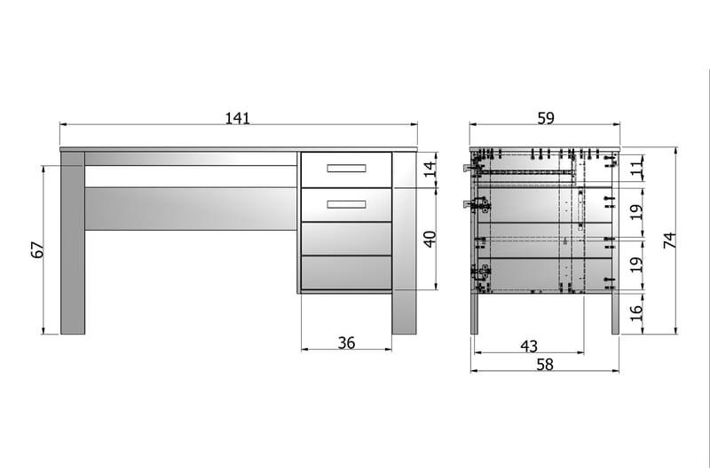 Tenney Computerbord 141 cm med Opbevaring Skuffe + Skab - Stålgrå - Skrivebord