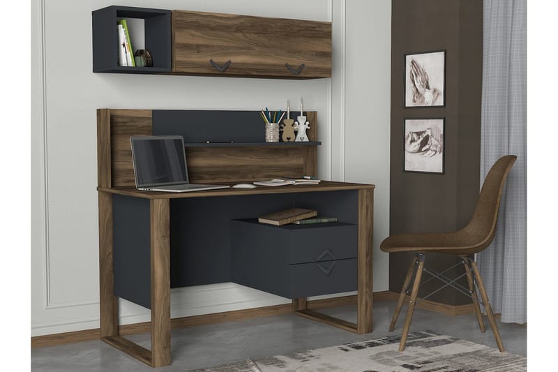Tera Home Skrivebord 120 cm med Opbevaring Skuffer + Hylder - Valnøddebrun/Mørkegrå - Skrivebord