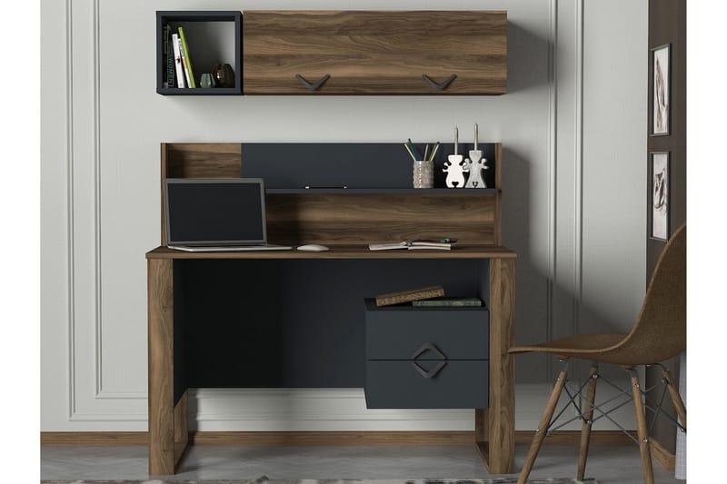 Tera Home Skrivebord 120 cm med Opbevaring Skuffer + Hylder - Valnøddebrun/Mørkegrå - Skrivebord