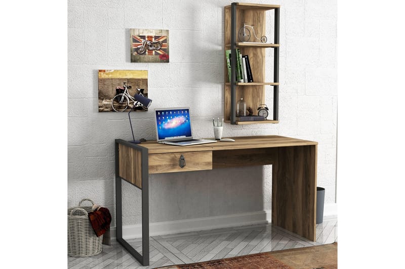 Tera Home Skrivebord 124 cm med Opbevaring skuffe+Væghylde - Valnøddebrun - Skrivebord