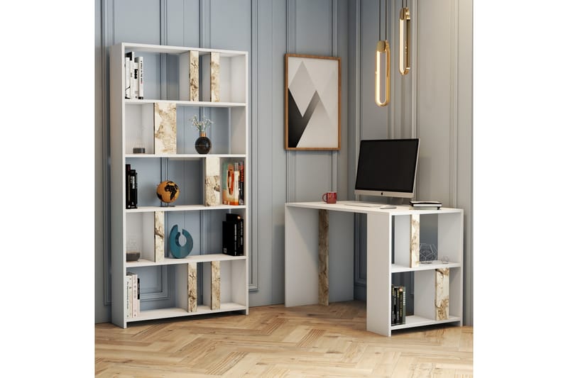 Timiza Skrivebord 120 cm m Opbevaring Hylde+Bogreol Marmormø - Hvid - Møbler - Borde - Kontorbord - Skrivebord