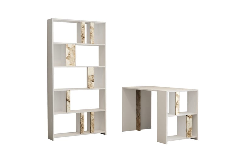 Timiza Skrivebord 120 cm m Opbevaring Hylde+Bogreol Marmormø - Hvid - Møbler - Borde - Kontorbord - Skrivebord