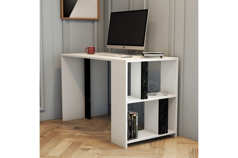 Timiza Skrivebord 120 cm m Opbevaring Hylde+Bogreol Marmormø - Hvid/Sort - Møbler - Borde - Kontorbord - Skrivebord