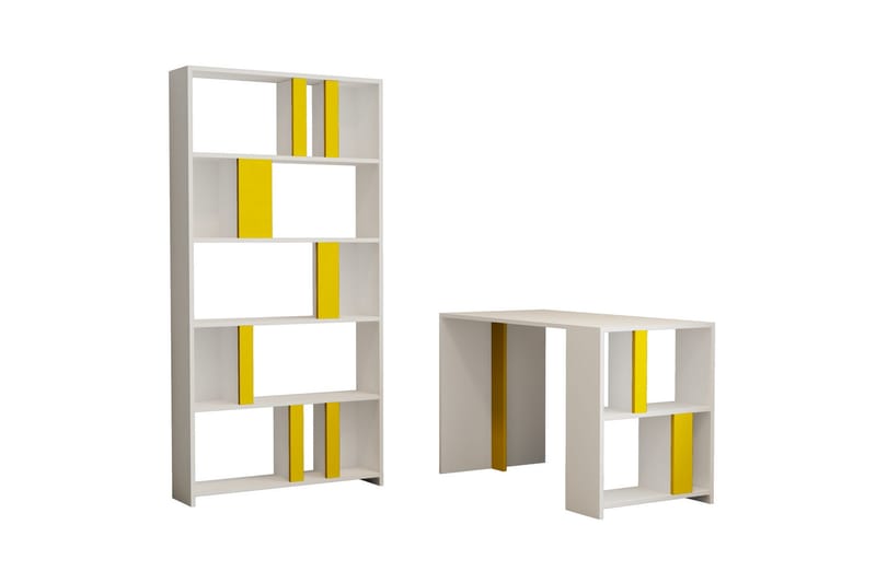 Timiza Skrivebord 120 cm med Opbevaring Hylde + Bogreol - Hvid/Gul - Møbler - Borde - Kontorbord - Skrivebord