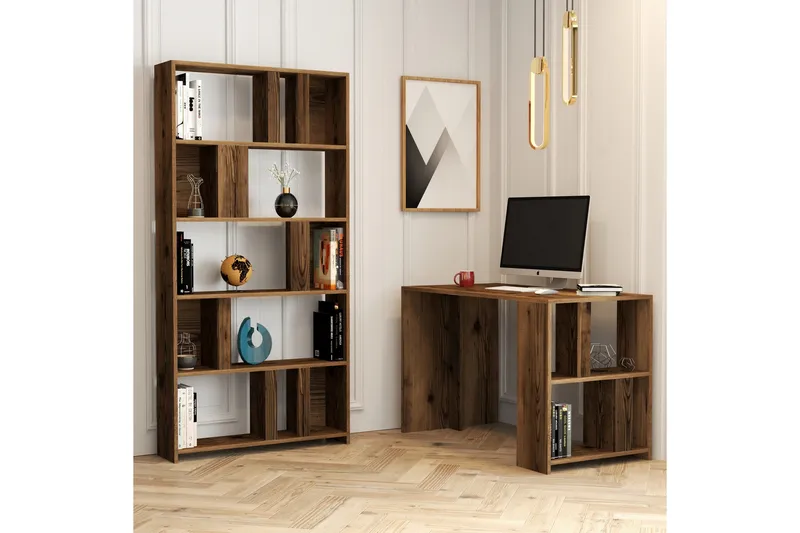 Timiza Skrivebord 120 cm med Opbevaring Hylde + Bogreol - Valnøddebrun - Møbler - Borde - Kontorbord - Skrivebord