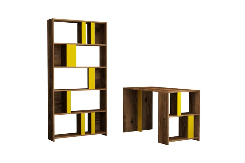 Timiza Skrivebord 120 cm med Opbevaring Hylde + Bogreol - Valnøddebrun/Gul - Møbler - Borde - Kontorbord - Skrivebord