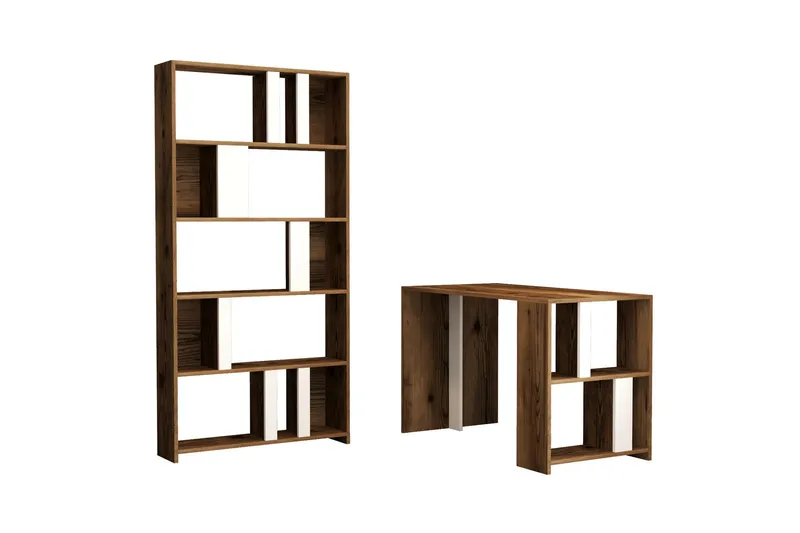 Timiza Skrivebord 120 cm med Opbevaring Hylde + Bogreol - Valnøddebrun/Hvid - Møbler - Borde - Kontorbord - Skrivebord