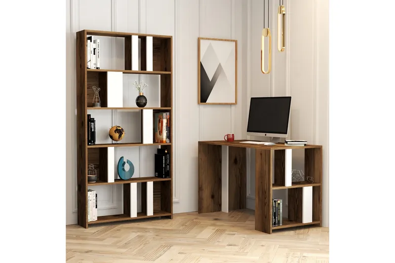 Timiza Skrivebord 120 cm med Opbevaring Hylde + Bogreol - Valnøddebrun/Hvid - Møbler - Borde - Kontorbord - Skrivebord