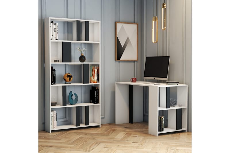 Timiza Skrivebord 120 cm med Opbevaring Hylde + Bogreol, Hvid/Antracit