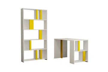 Timiza Skrivebord 120 cm med Opbevaring Hylde + Bogreol - Hvid/Gul - Møbler - Borde - Kontorbord - Skrivebord