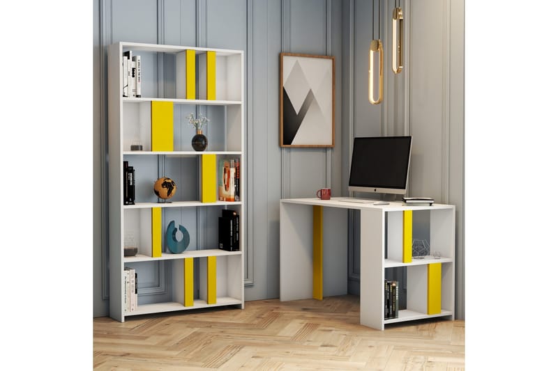 Timiza Skrivebord 120 cm med Opbevaring Hylde + Bogreol - Hvid/Gul - Møbler - Borde - Kontorbord - Skrivebord