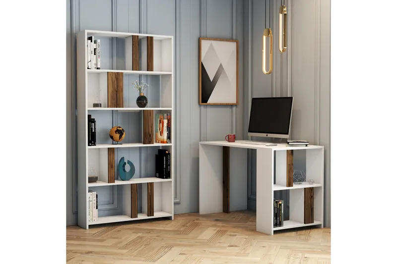 Timiza Skrivebord 120 cm med Opbevaring Hylde + Bogreol, Hvid/Valnøddebrun