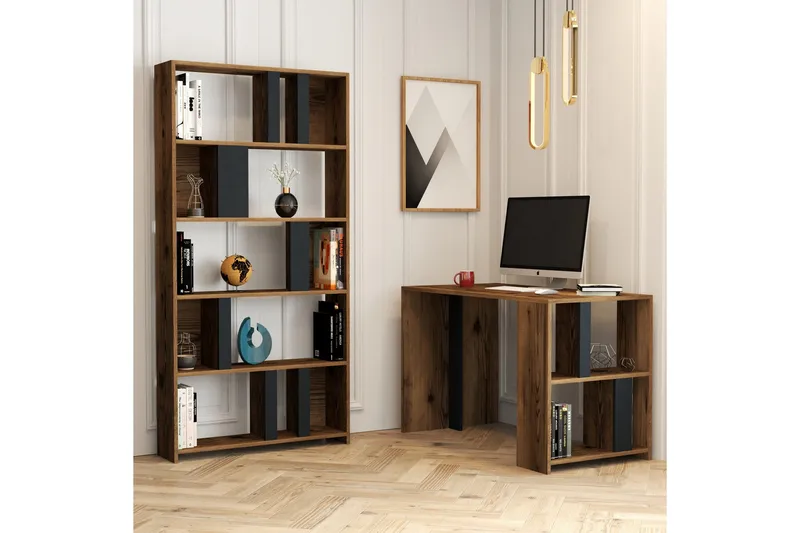 Timiza Skrivebord 120 cm med Opbevaring Hylde + Bogreol, Valnøddebrun/Antracit