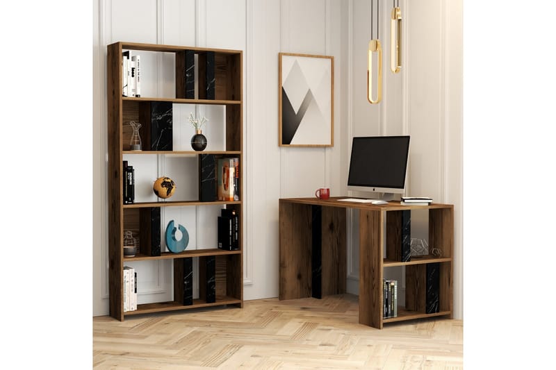Timiza Skrivebord 120 cm med Opbevaring Hylde + Bogreol, Valnøddebrun/Sort