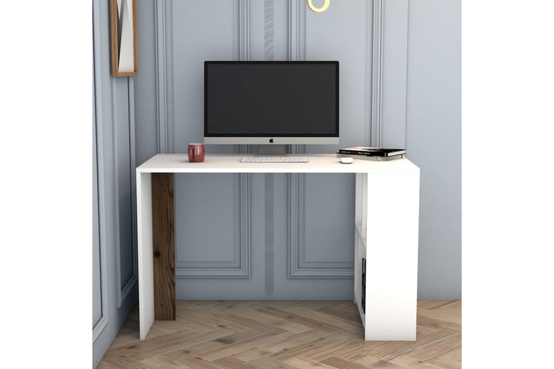 Timiza Skrivebord 120 cm med Opbevaring Hylde - Hvid/Valnøddebrun - Skrivebord