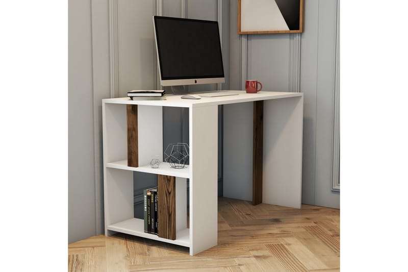 Timiza Skrivebord 120 cm med Opbevaring Hylde - Hvid/Valnøddebrun - Skrivebord