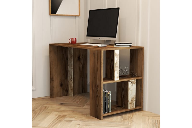 Timiza Skrivebord 120 cm med Opbevaring Hylde Marmormønster - Valnøddebrun/Hvid - Skrivebord