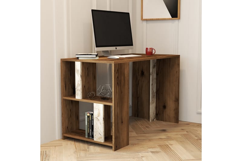 Timiza Skrivebord 120 cm med Opbevaring Hylde Marmormønster - Valnøddebrun/Hvid - Møbler - Borde - Kontorbord - Skrivebord
