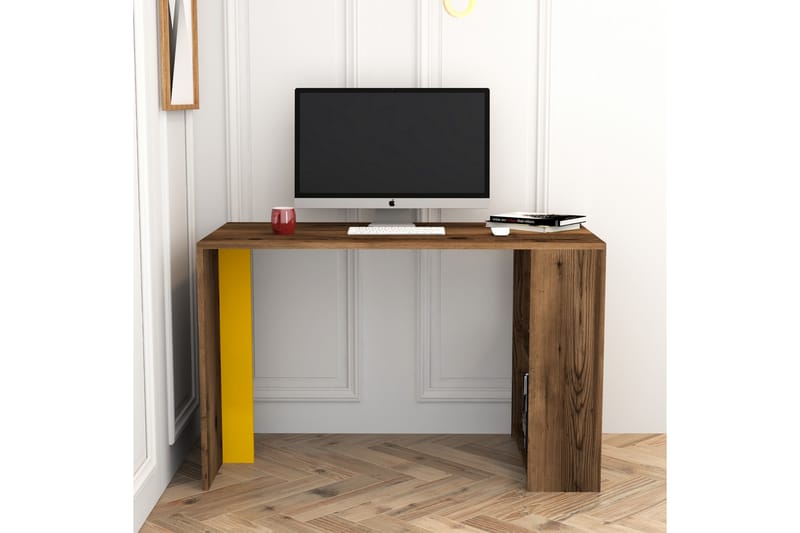 Timiza Skrivebord 120 cm med Opbevaring Hylde - Valnøddebrun/Gul - Skrivebord