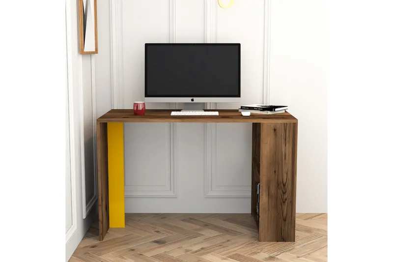 Timiza Skrivebord 120 cm med Opbevaring Hylde - Valnøddebrun/Gul - Møbler - Borde - Kontorbord - Skrivebord