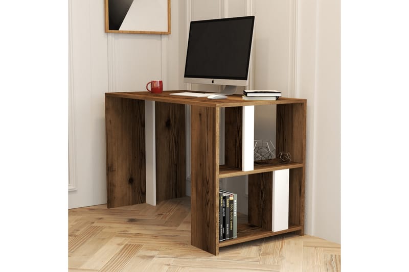 Timiza Skrivebord 120 cm med Opbevaring Hylde - Valnøddebrun/Hvid - Møbler - Borde - Kontorbord - Skrivebord