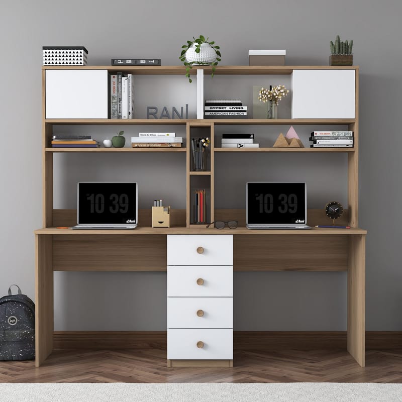 Skrivebord Wallxpert Eska (180 x 166,3 x 50 cm) Valnød hvid - Valnød og hvid - Møbler - Borde - Kontorbord - Skrivebord