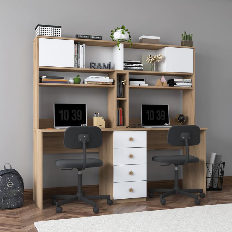 Skrivebord Wallxpert Eska (180 x 166,3 x 50 cm) Valnød hvid - Valnød og hvid - Møbler - Borde - Kontorbord - Skrivebord