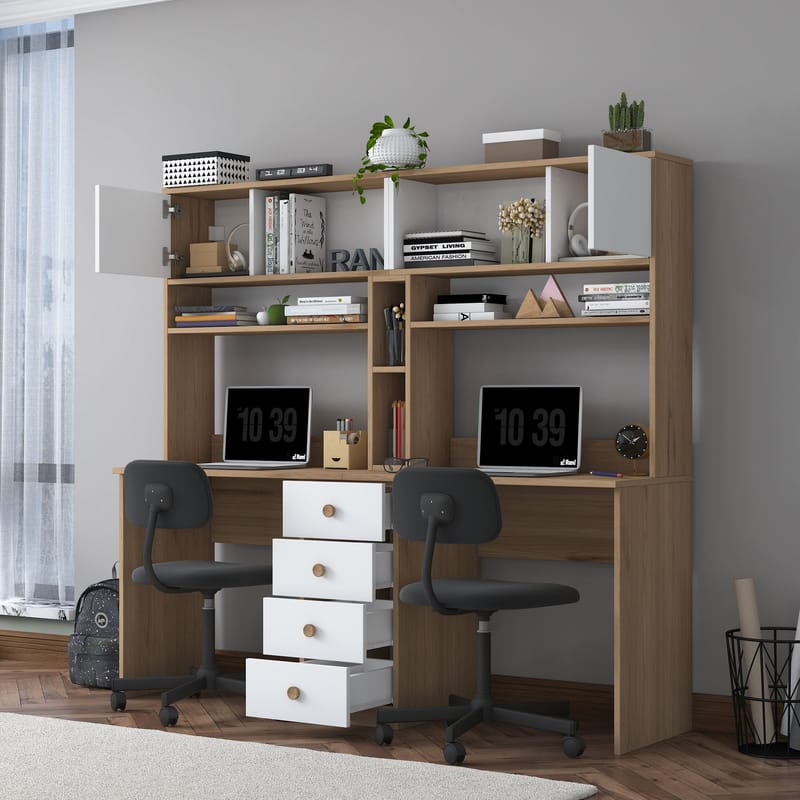 Skrivebord Wallxpert Eska (180 x 166,3 x 50 cm) Valnød hvid - Valnød og hvid - Møbler - Borde - Kontorbord - Skrivebord