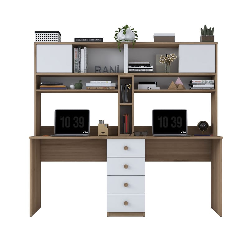 Skrivebord Wallxpert Eska (180 x 166,3 x 50 cm) Valnød hvid - Valnød og hvid - Møbler - Borde - Kontorbord - Skrivebord