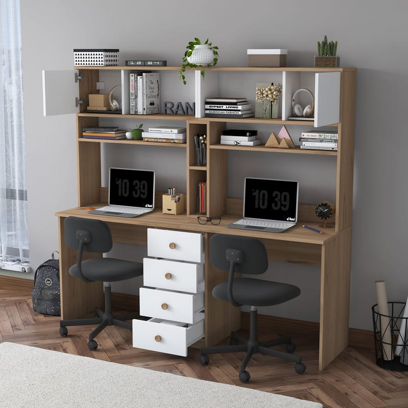 Skrivebord Wallxpert Eska (180 x 166,3 x 50 cm) Valnød hvid - Valnød og hvid - Møbler - Borde - Kontorbord - Skrivebord