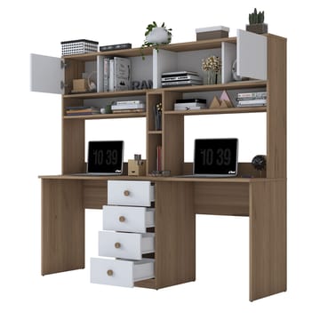 Skrivebord Wallxpert Eska (180 x 166,3 x 50 cm) Valnød hvid - Valnød og hvid - Møbler - Borde - Kontorbord - Skrivebord