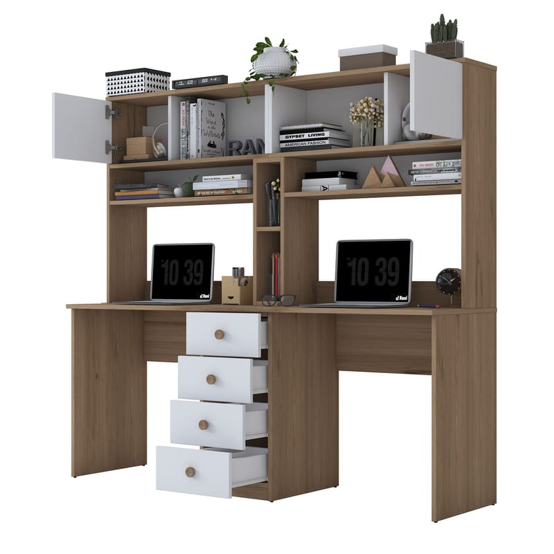 Skrivebord Wallxpert Eska (180 x 166,3 x 50 cm) Valnød hvid - Valnød og hvid - Møbler - Borde - Kontorbord - Skrivebord