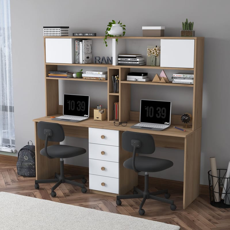 Skrivebord Wallxpert Eska (180 x 166,3 x 50 cm) Valnød hvid - Valnød og hvid - Møbler - Borde - Kontorbord - Skrivebord