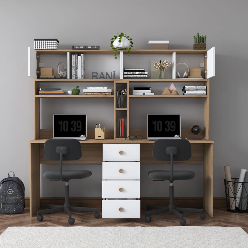 Skrivebord Wallxpert Eska (180 x 166,3 x 50 cm) Valnød hvid - Valnød og hvid - Møbler - Borde - Kontorbord - Skrivebord