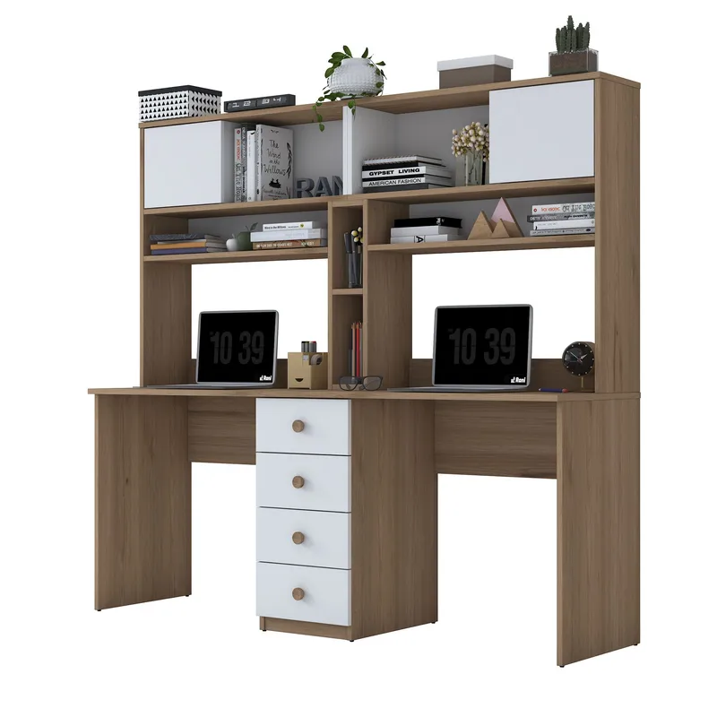 Skrivebord Wallxpert Eska (180 x 166,3 x 50 cm) Valnød hvid, Valnød og hvid