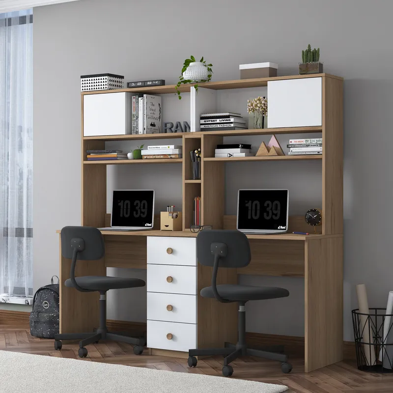 Skrivebord Wallxpert Eska (180 x 166,3 x 50 cm) Valnød hvid - Valnød og hvid - Møbler - Borde - Kontorbord - Skrivebord
