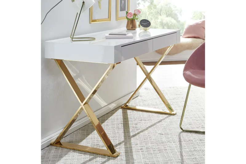 Willowdale Skrivebord 118 cm med Opbevaring 2 Skuffer - Hvid/Guld - Møbler - Borde - Kontorbord - Skrivebord