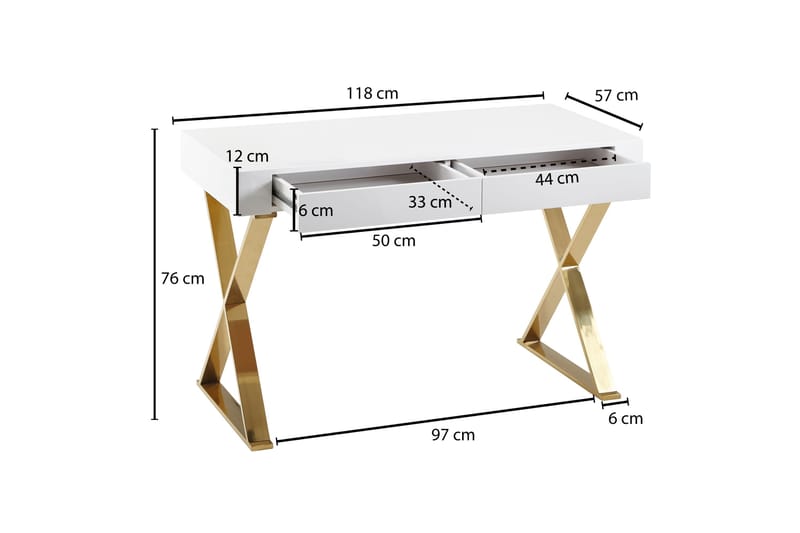 Willowdale Skrivebord 118 cm med Opbevaring 2 Skuffer - Hvid/Guld - Skrivebord