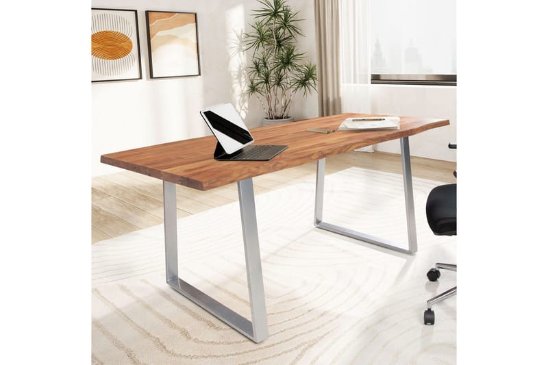 Skrivebord Wohnling Massivt træ kant metalben landhus Sølv, Lige, 160x80 cm - Sølv, Lige, 160x80 cm - Møbler - Borde - Kontorbord - Skrivebord