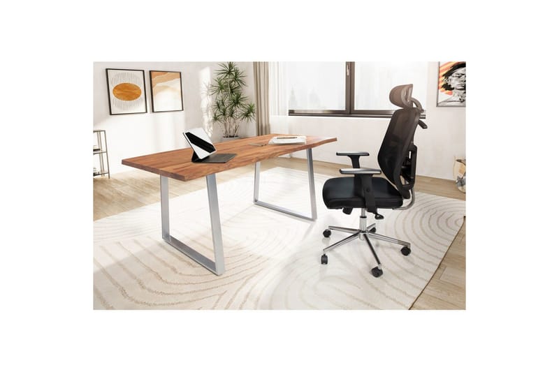 Skrivebord Wohnling Massivt træ kant metalben landhus Sølv, Lige, 200x100 cm - Sølv, Lige, 200x100 cm - Møbler - Borde - Kontorbord - Skrivebord