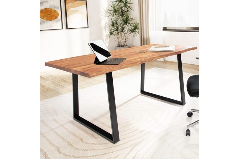 Skrivebord Wohnling Massivt træ kant metalben landhus Sort, Lige, 180x90 cm - Sort, Lige, 180x90 cm - Møbler - Borde - Kontorbord - Skrivebord