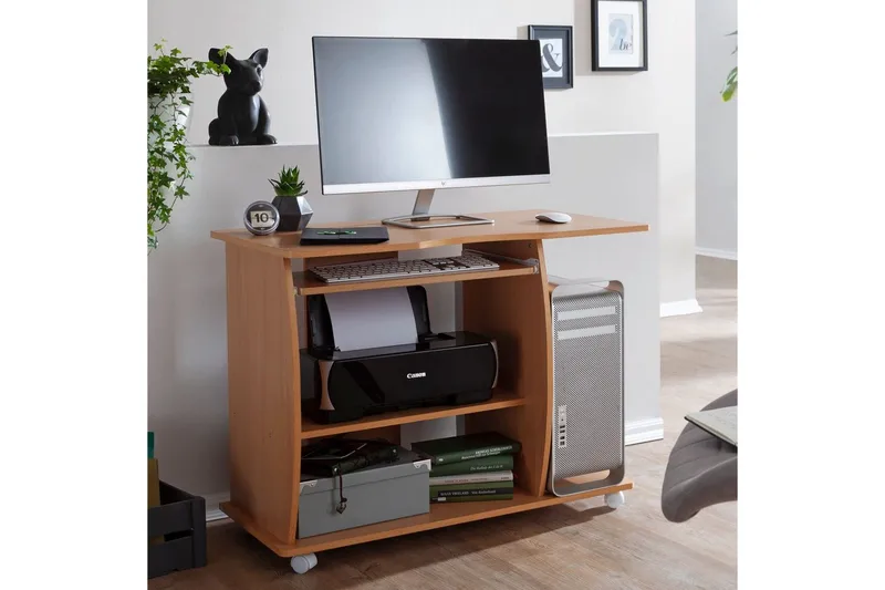 Skrivebord Wohnling til laptop eller computer med hjul tastaturudtræk, moderne stil Bøg - Bøg - Møbler - Borde - Kontorbord - Skrivebord