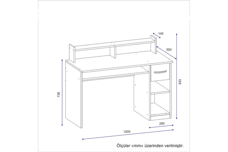 Yemisen Skrivebord 120 cm med Opbevaring Skuffe + Hylder - Antracit - Skrivebord